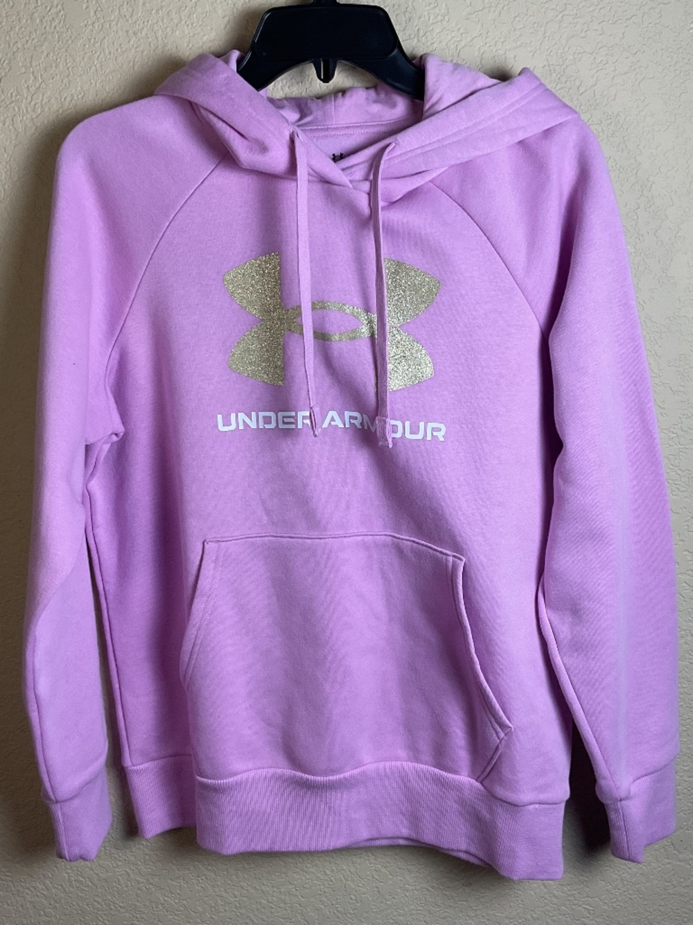 Under Armour Womens Small Pink Rival Glitter W/ Gold Graphic Hoodie Jacket NWT